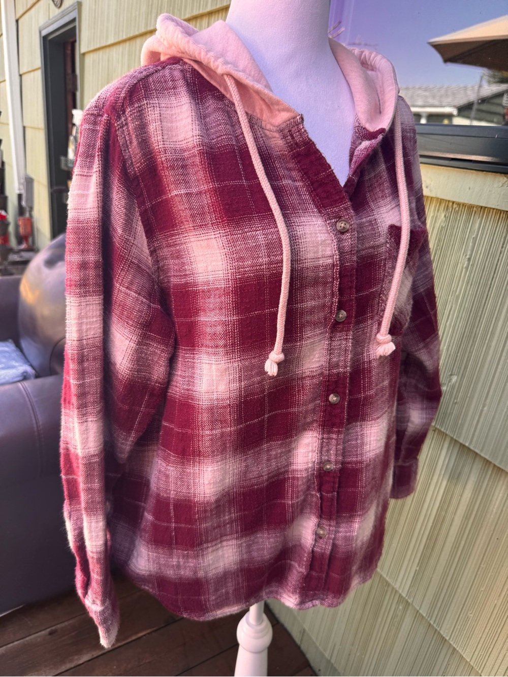Time and Tru Pink and Burgundy Plaid Hooded Button-Down Shirt